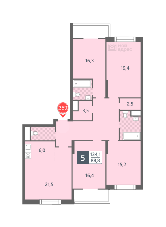4 комн. квартира, 134.1 м², 6 этаж 