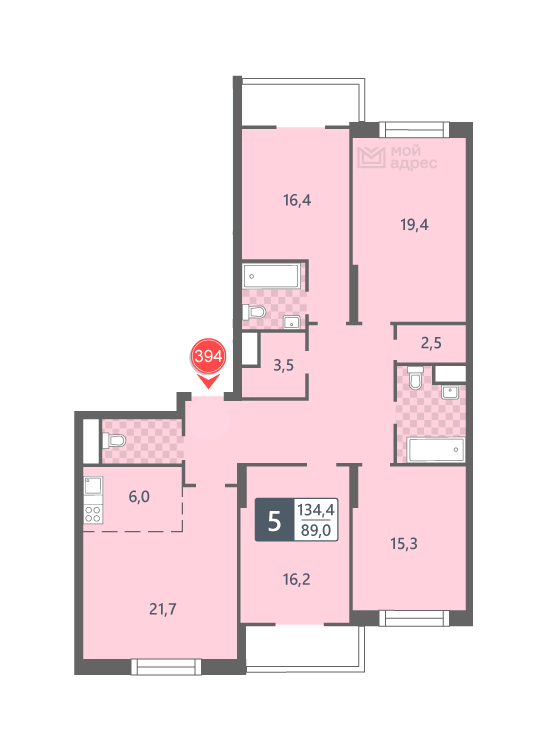 4 комн. квартира, 134.4 м², 13 этаж 