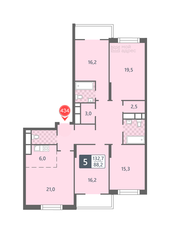 4 комн. квартира, 132.7 м², 21 этаж 