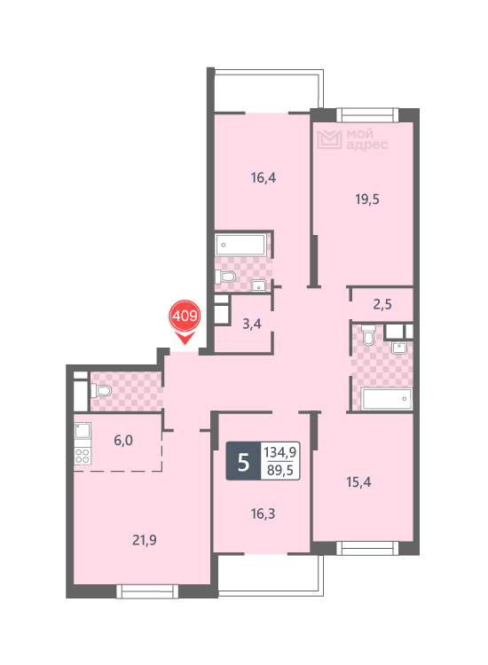 4 комн. квартира, 134.9 м², 16 этаж 
