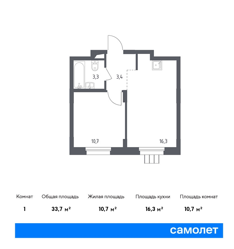 1 комн. квартира, 33.7 м², 2 этаж  (из 17)