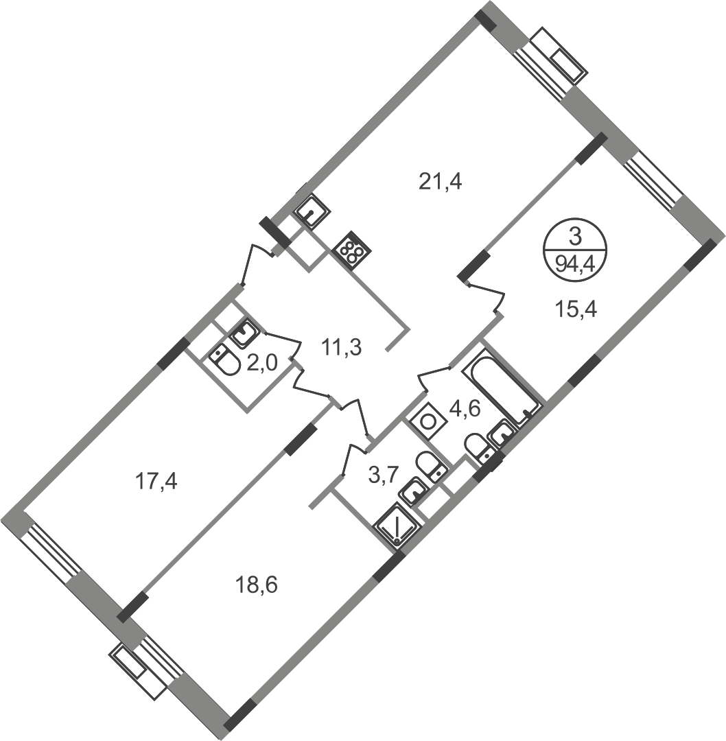 3 комн. квартира, 94.4 м², 7 этаж  (из 9)