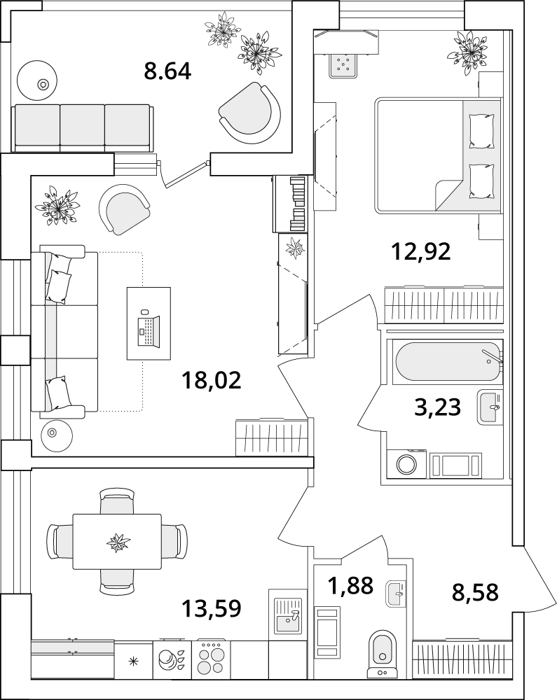 2 комн. квартира, 62.5 м², 5 этаж 