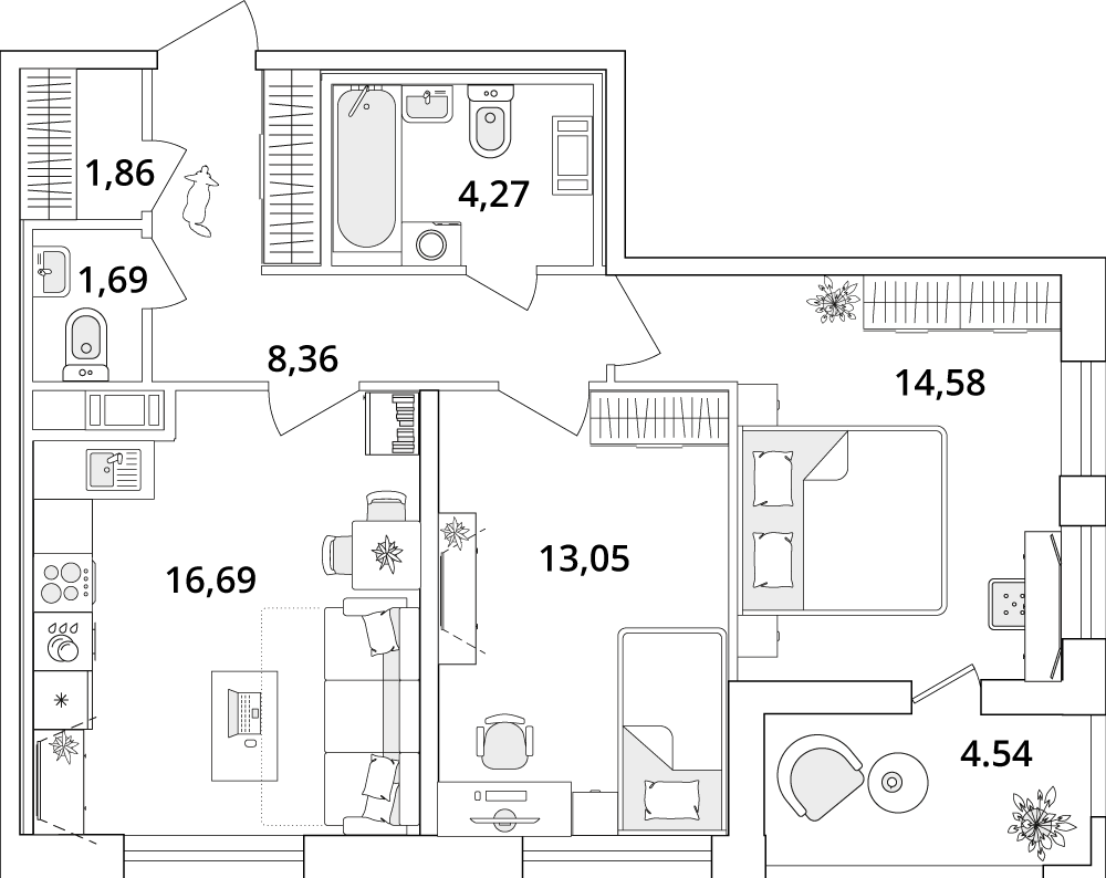 2 комн. квартира, 62.8 м², 7 этаж 