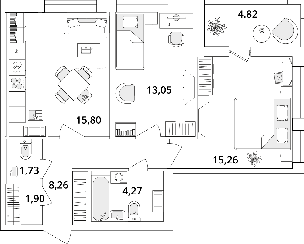 2 комн. квартира, 62.7 м², 12 этаж 