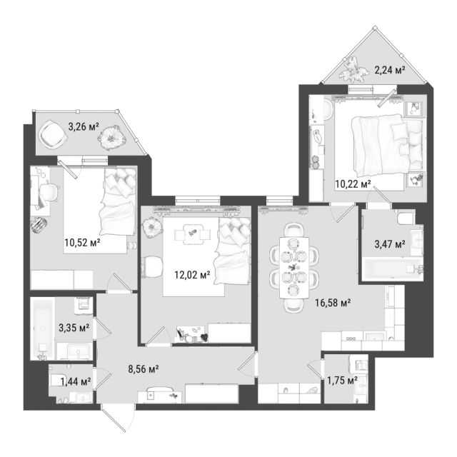 3 комн. квартира, 70.2 м², 4 этаж 