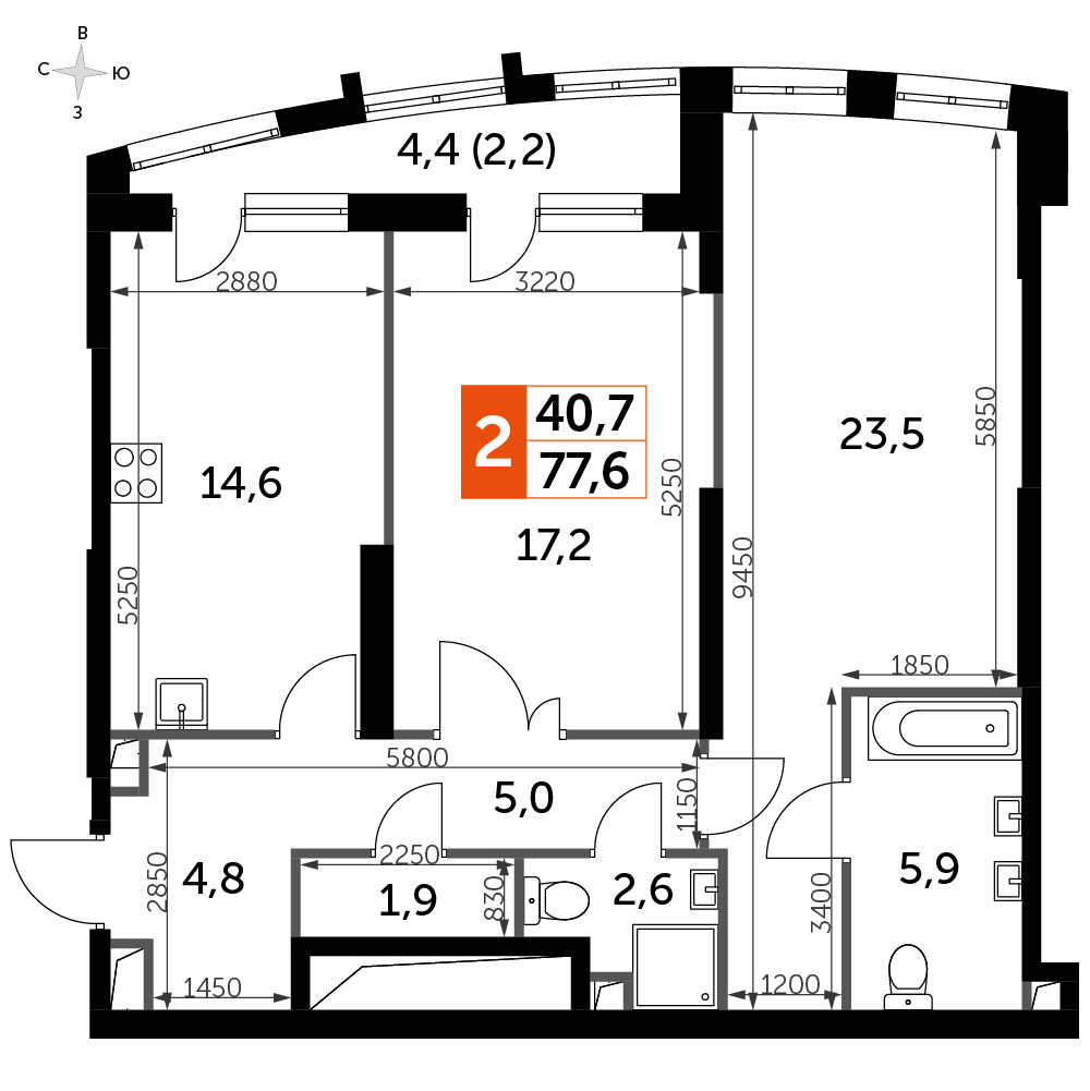2 комн. квартира, 77.6 м², 21 этаж 