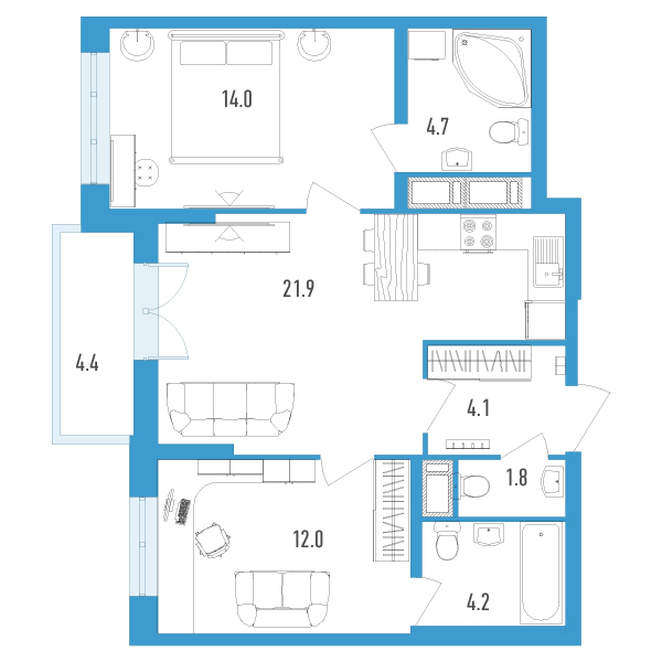 1 комн. квартира, 64 м², 7 этаж 
