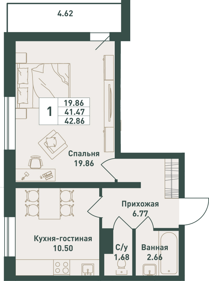 1 комн. квартира, 42.9 м², 2 этаж 