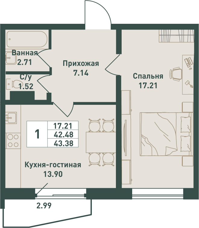 1 комн. квартира, 43.4 м², 2 этаж 