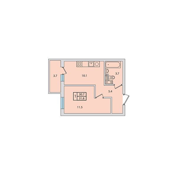 1 комн. квартира, 31.8 м², 6 этаж 