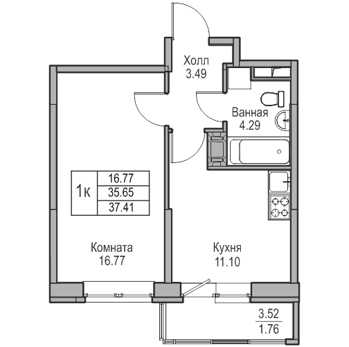 1 комн. квартира, 37.4 м², 4 этаж 