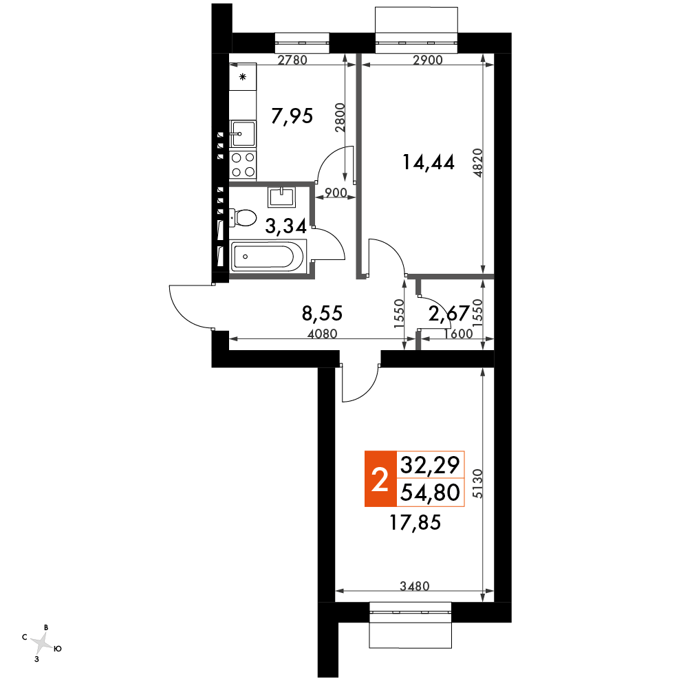 2 комн. квартира, 53.3 м², 3 этаж 