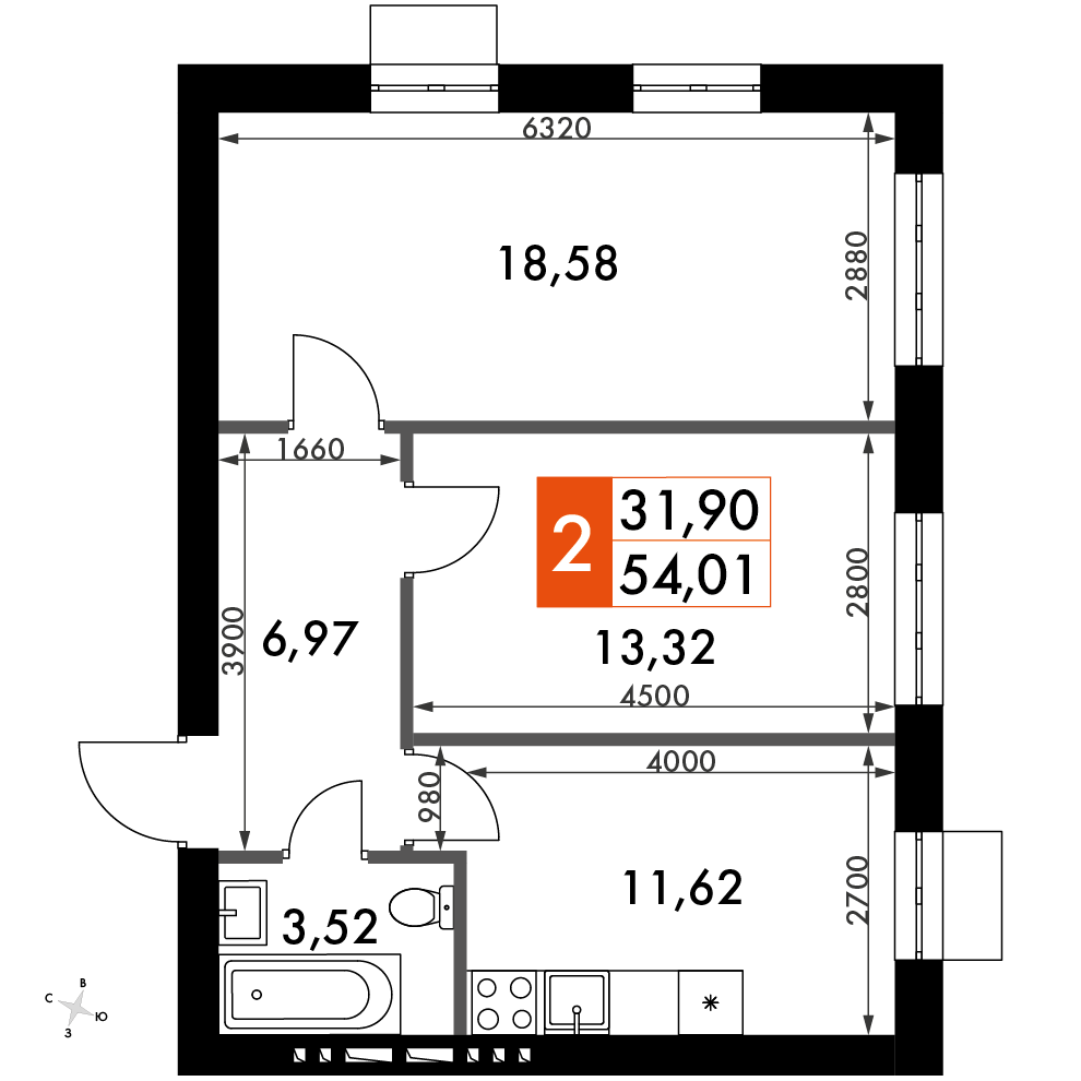 2 комн. квартира, 52.4 м², 3 этаж 