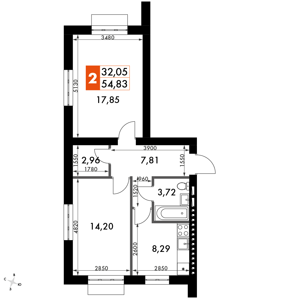 2 комн. квартира, 53.2 м², 4 этаж 