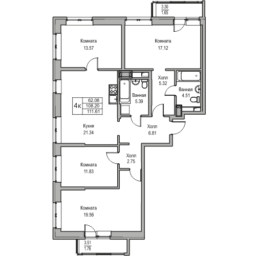 4 комн. квартира, 111.6 м², 6 этаж 