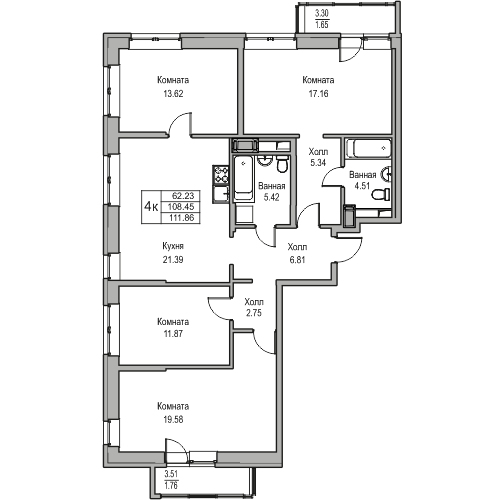 4 комн. квартира, 111.9 м², 10 этаж 