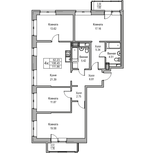 4 комн. квартира, 111.9 м², 14 этаж 