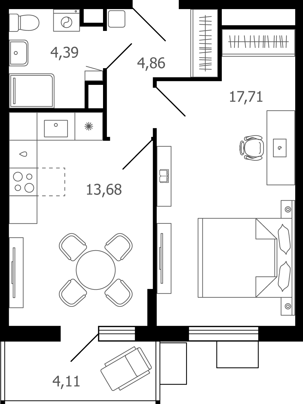 1 комн. квартира, 41.9 м², 2 этаж 
