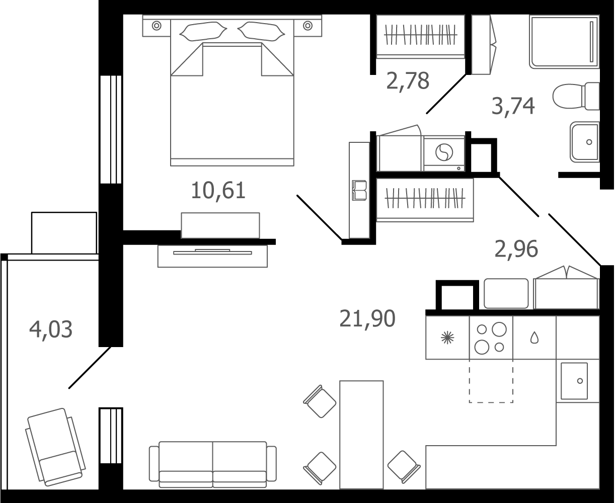 2 комн. квартира, 43.2 м², 15 этаж 