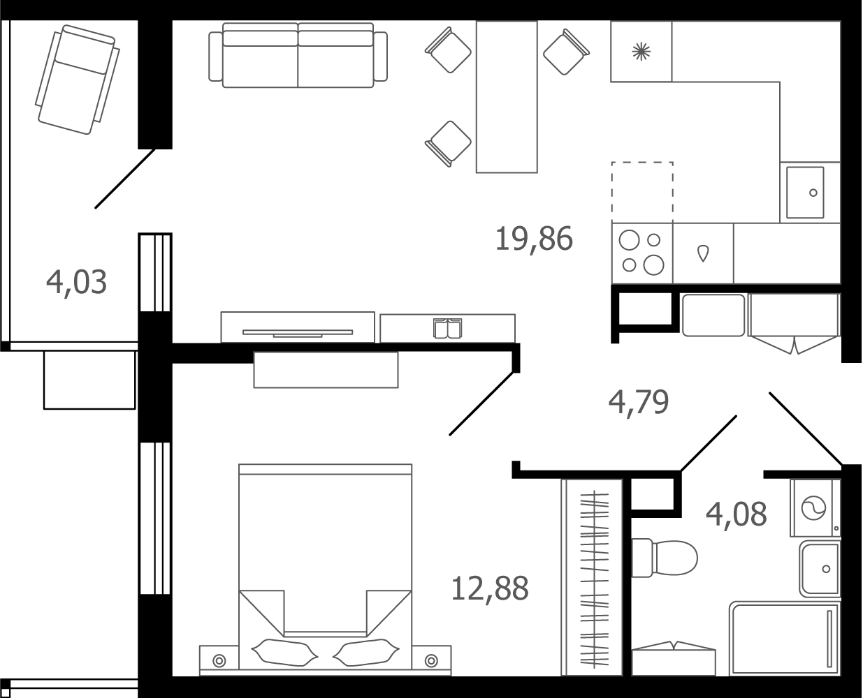 2 комн. квартира, 42.6 м², 13 этаж 