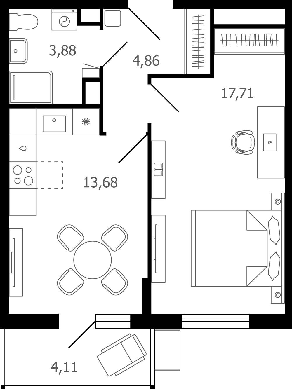 1 комн. квартира, 41.4 м², 11 этаж 