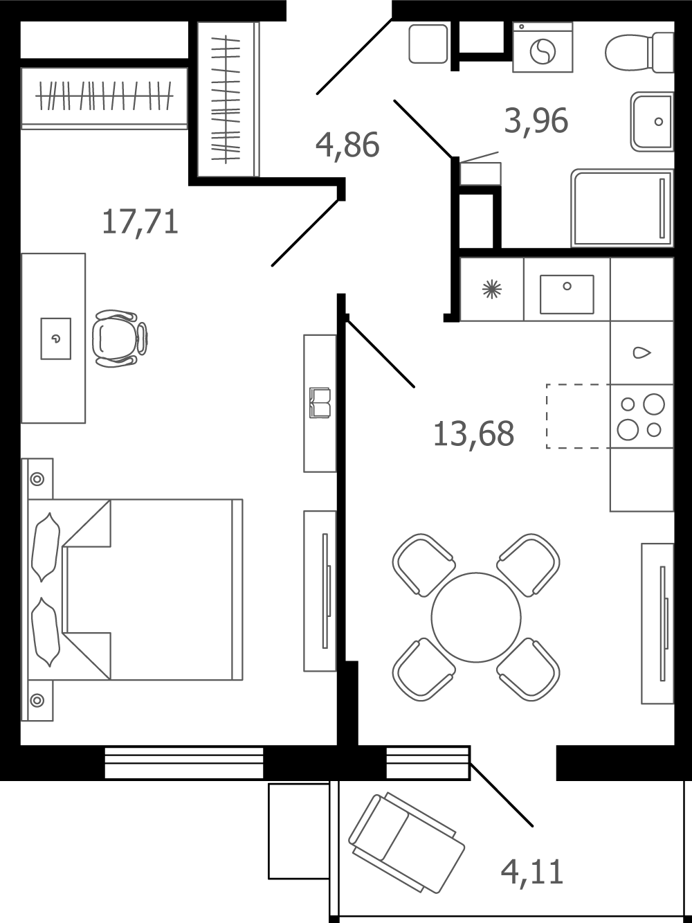 1 комн. квартира, 41.4 м², 6 этаж 