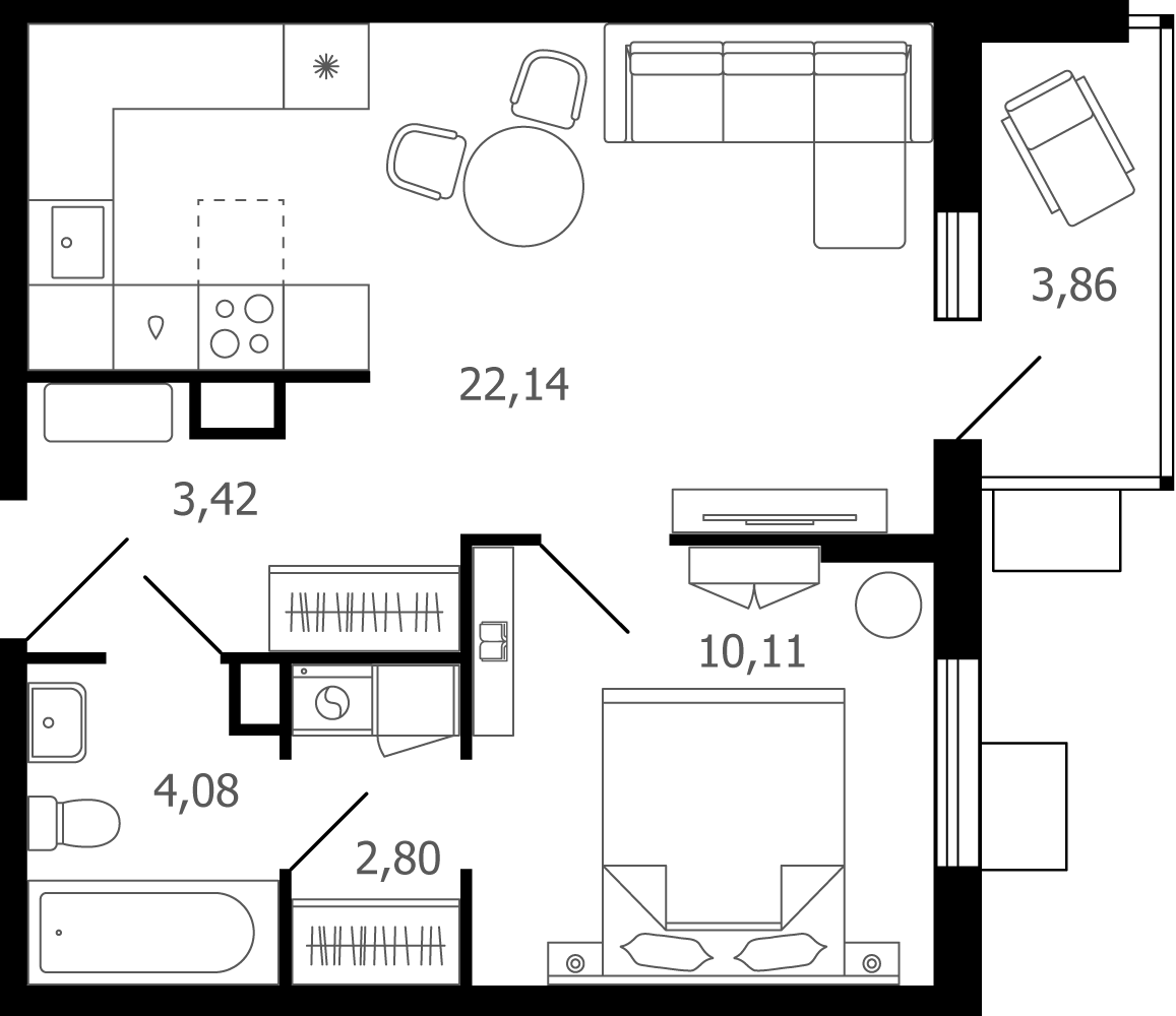 2 комн. квартира, 44.5 м², 2 этаж 