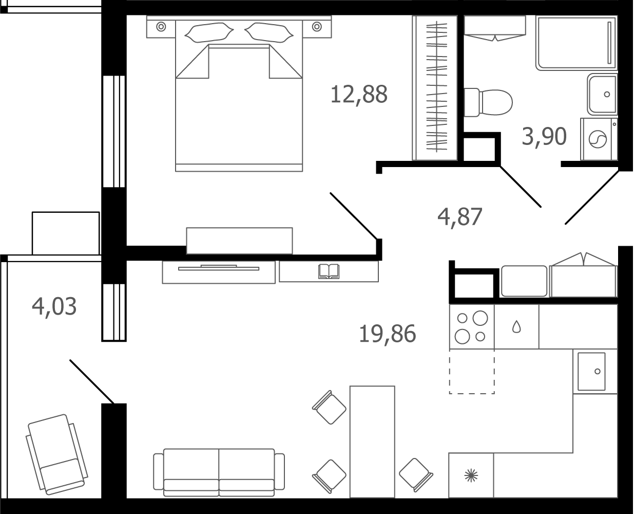 2 комн. квартира, 42.7 м², 4 этаж 