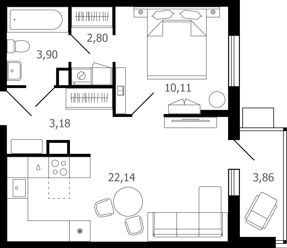 2 комн. квартира, 44.1 м², 9 этаж 