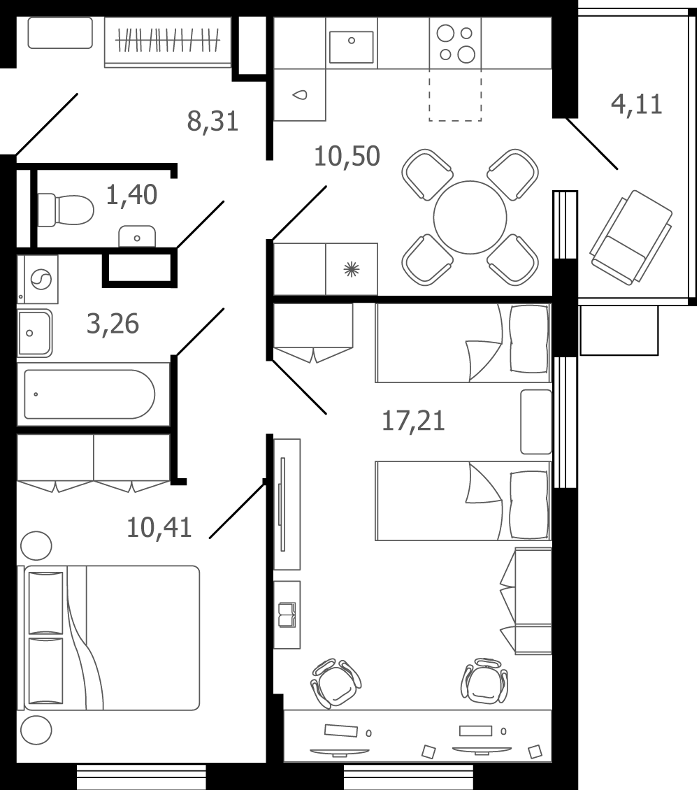 2 комн. квартира, 52.3 м², 11 этаж 