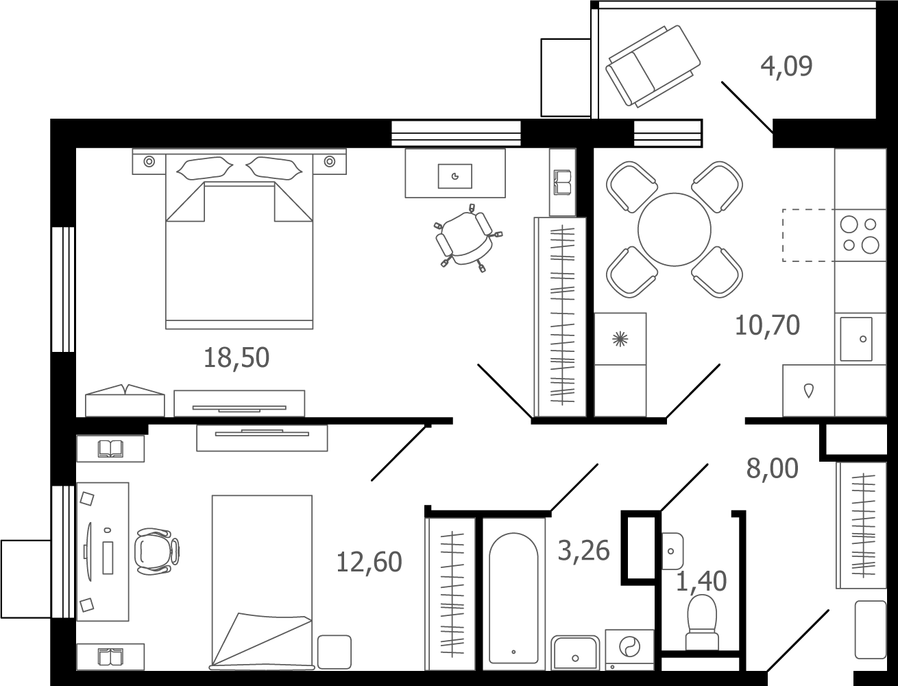 2 комн. квартира, 56.5 м², 13 этаж 