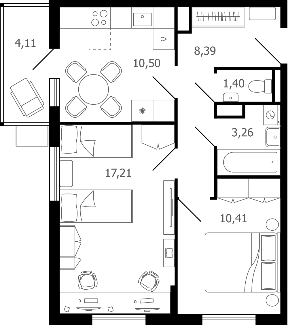 2 комн. квартира, 52.4 м², 6 этаж 