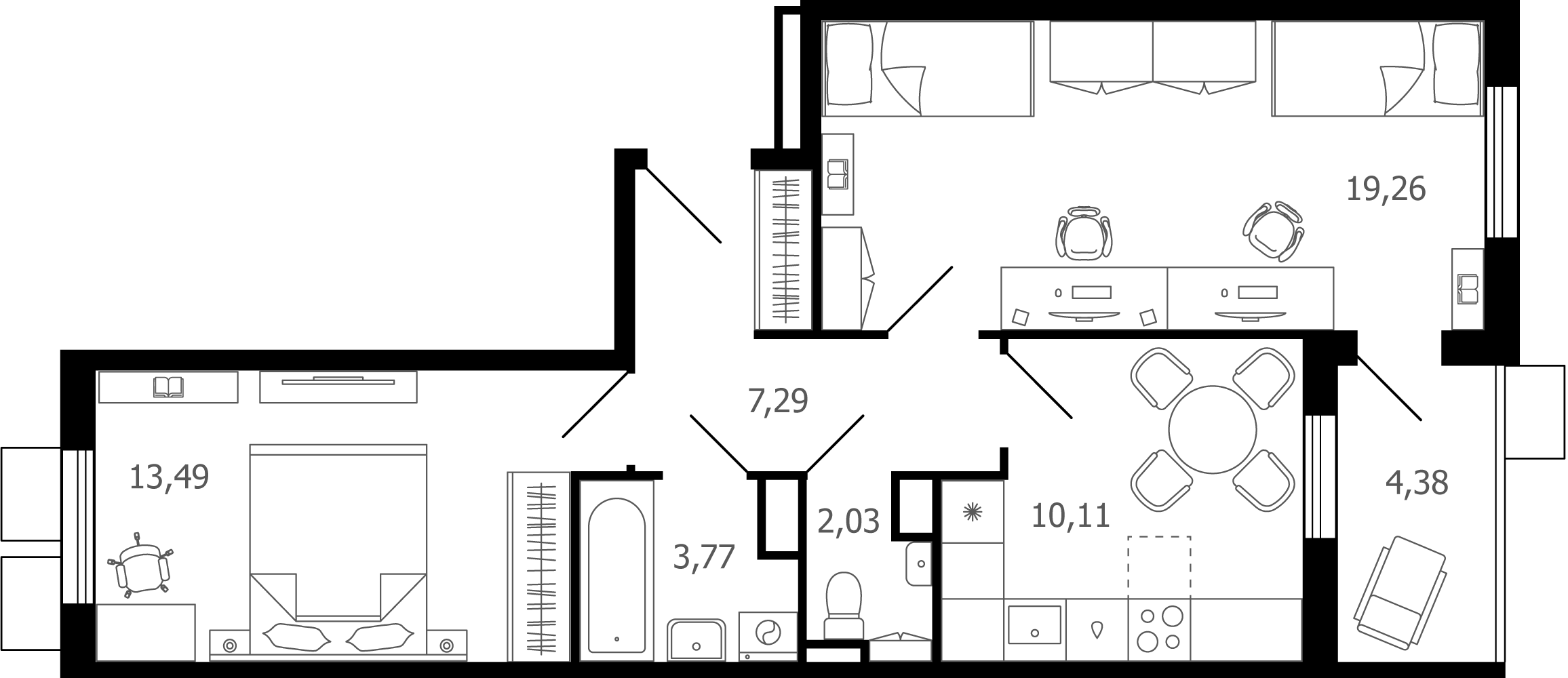 2 комн. квартира, 58.1 м², 2 этаж 