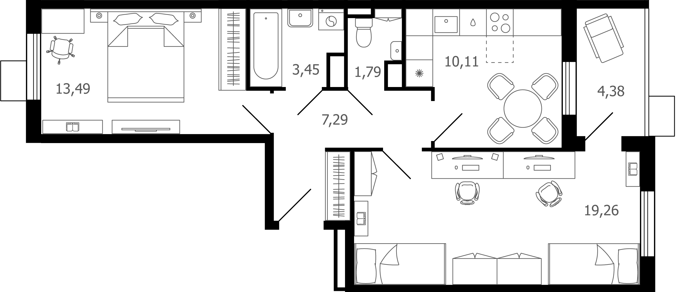 2 комн. квартира, 57.6 м², 10 этаж 