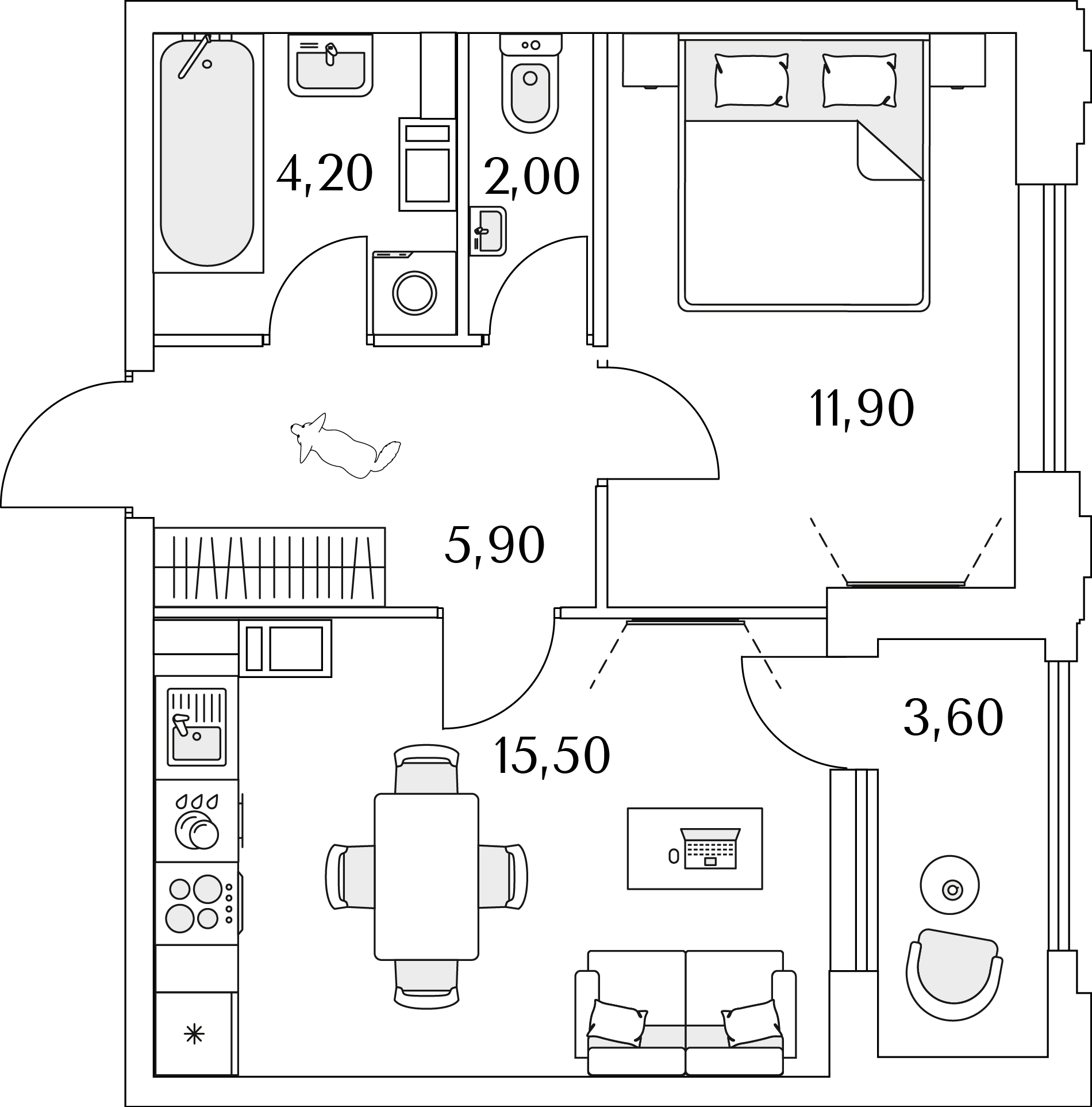 1 комн. квартира, 41.3 м², 3 этаж 
