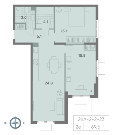 2 комн. квартира, 69.5 м², 2 этаж 