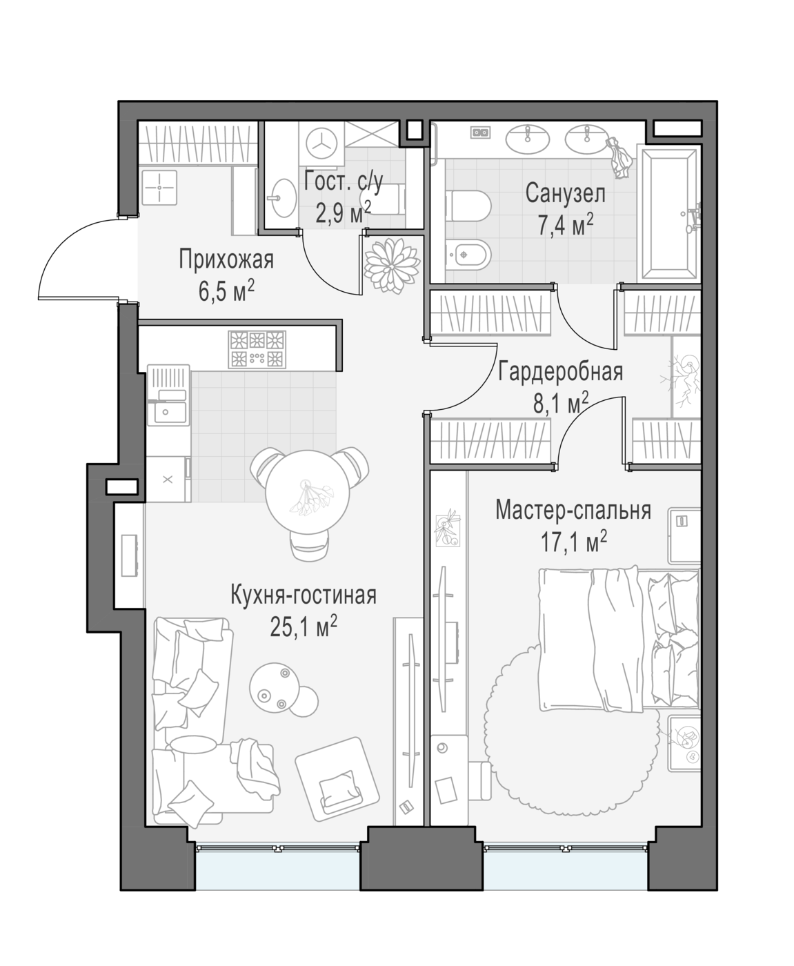 квартира со свободной планировкой, 66 м², 2 этаж 