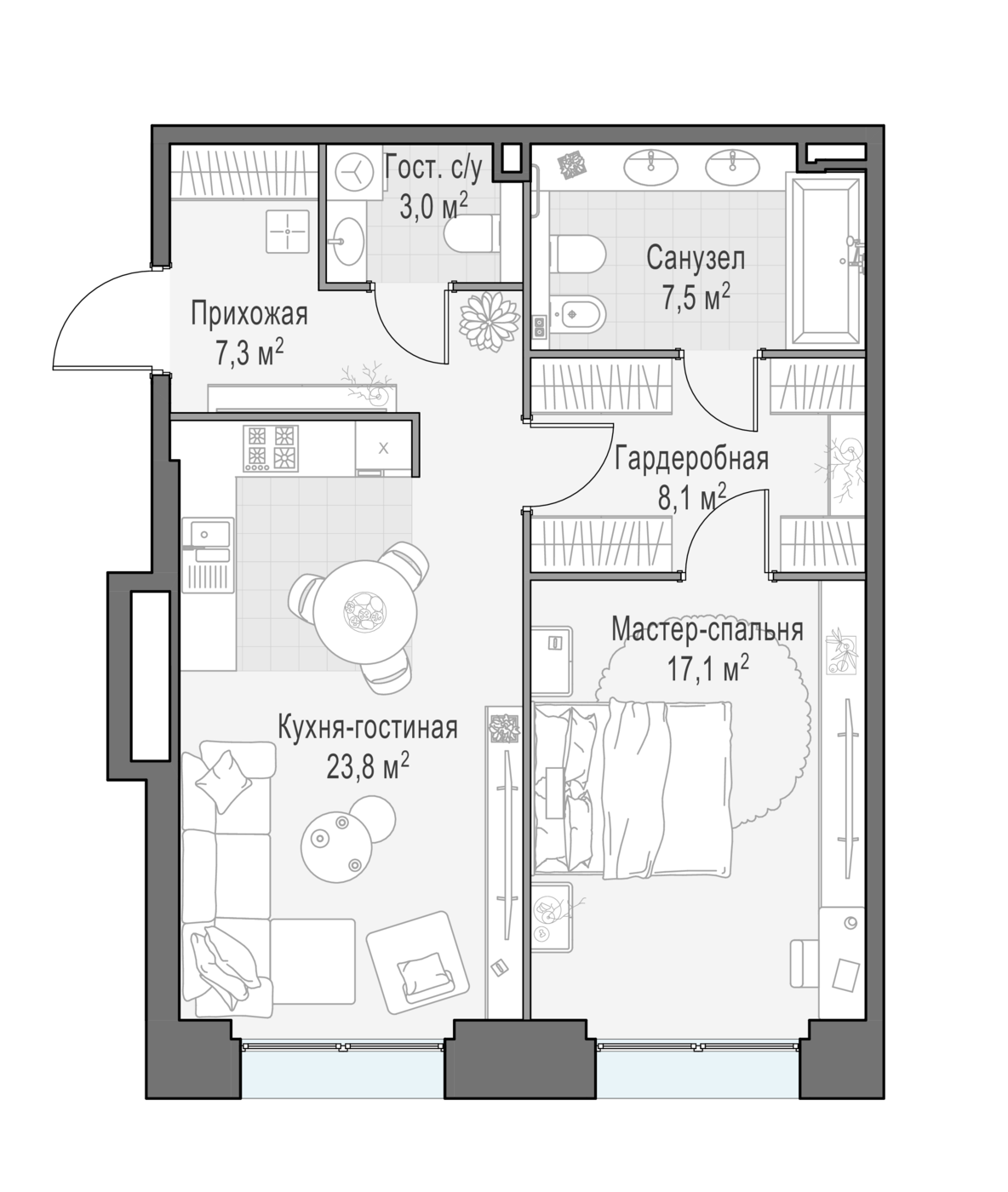 квартира со свободной планировкой, 66.5 м², 4 этаж 