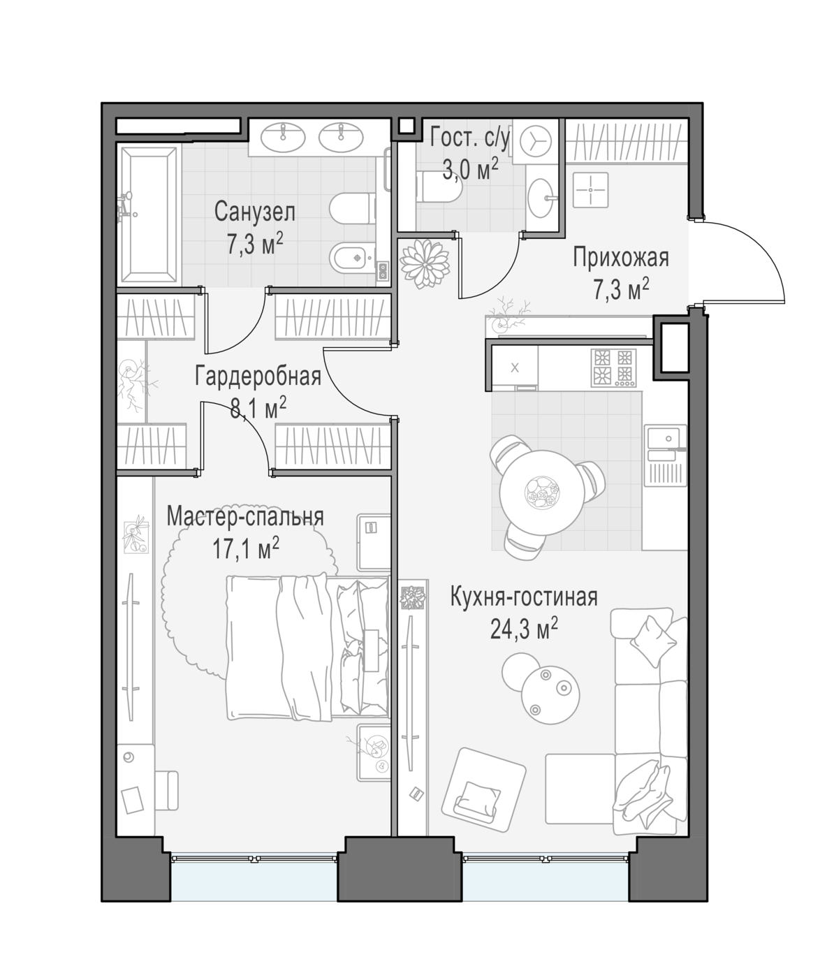 квартира со свободной планировкой, 66.7 м², 4 этаж 
