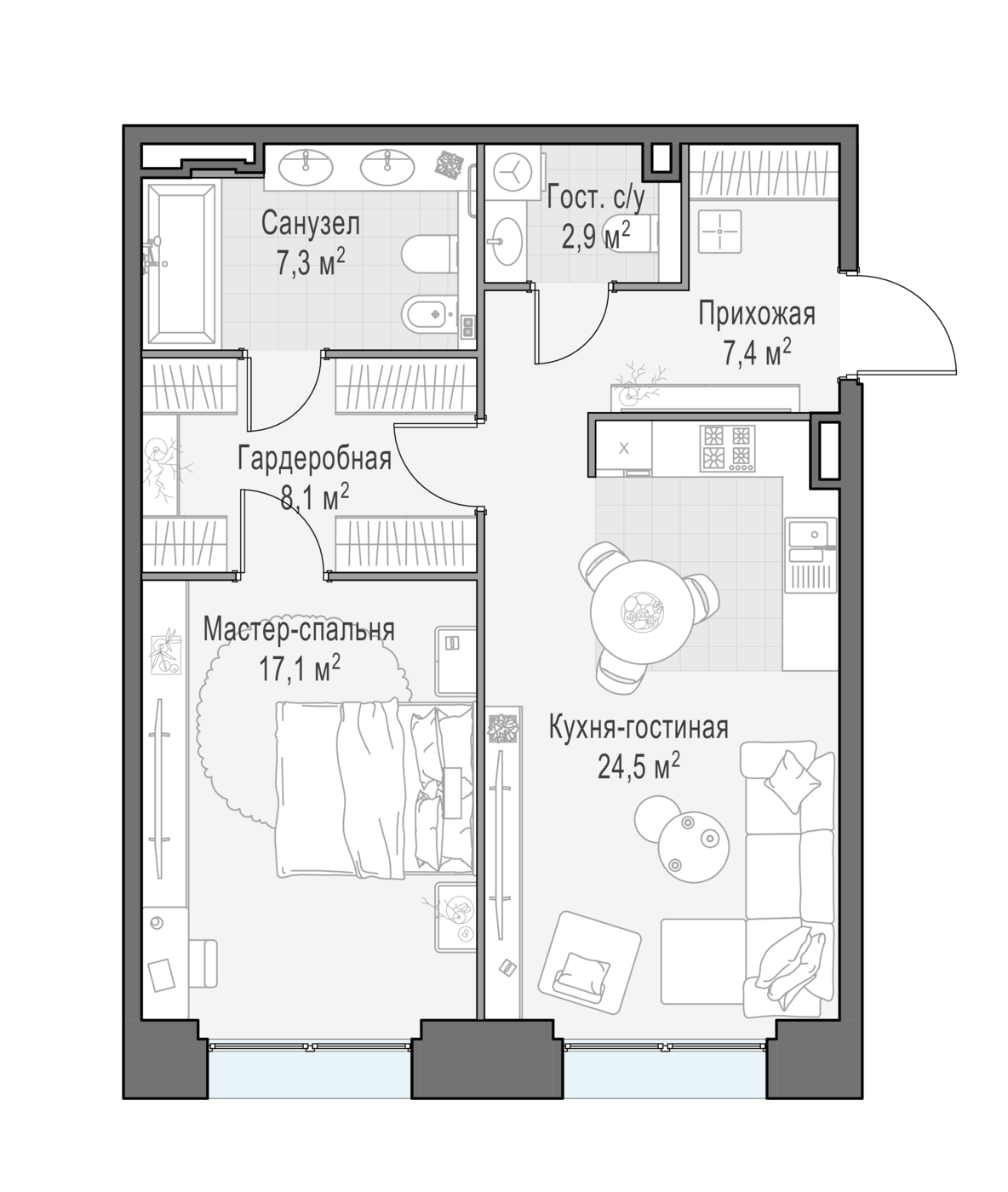 квартира со свободной планировкой, 66.9 м², 4 этаж 