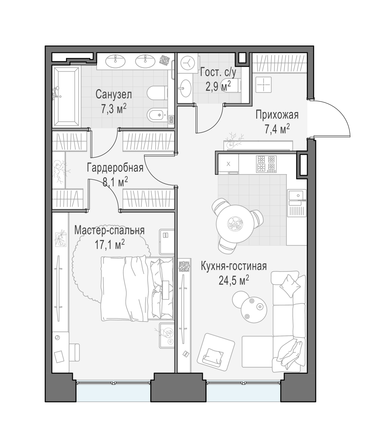 квартира со свободной планировкой, 66.9 м², 5 этаж 