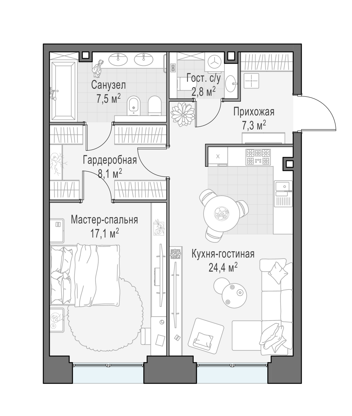 квартира со свободной планировкой, 67.1 м², 2 этаж 