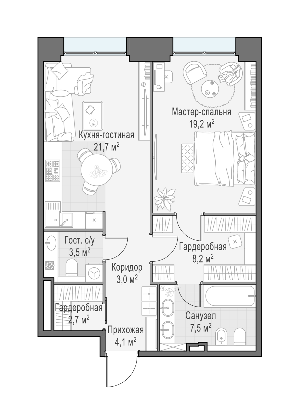 квартира со свободной планировкой, 69.7 м², 4 этаж 
