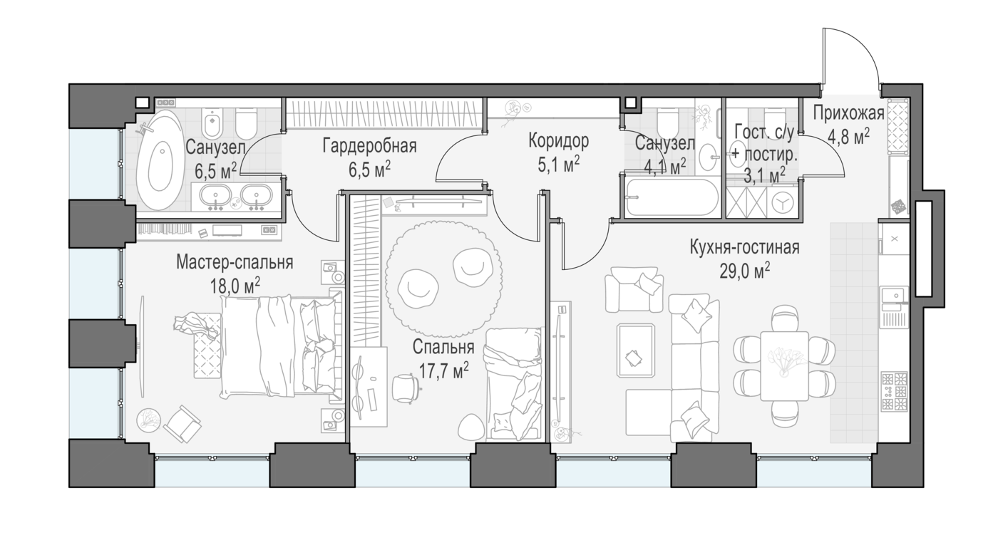 2 комн. квартира, 94.5 м², 2 этаж 