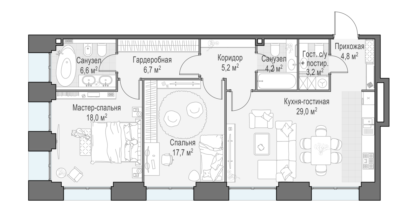 2 комн. квартира, 94.7 м², 5 этаж 