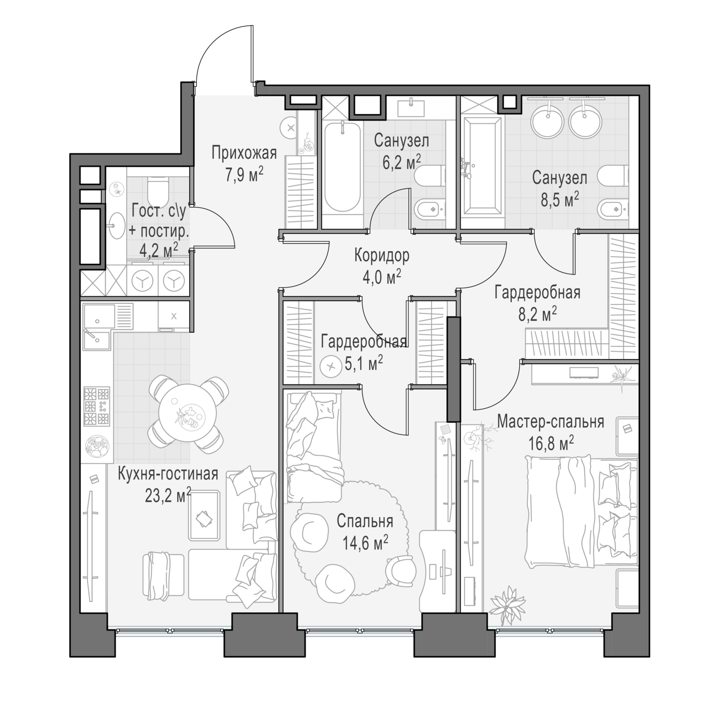2 комн. квартира, 98.1 м², 4 этаж 