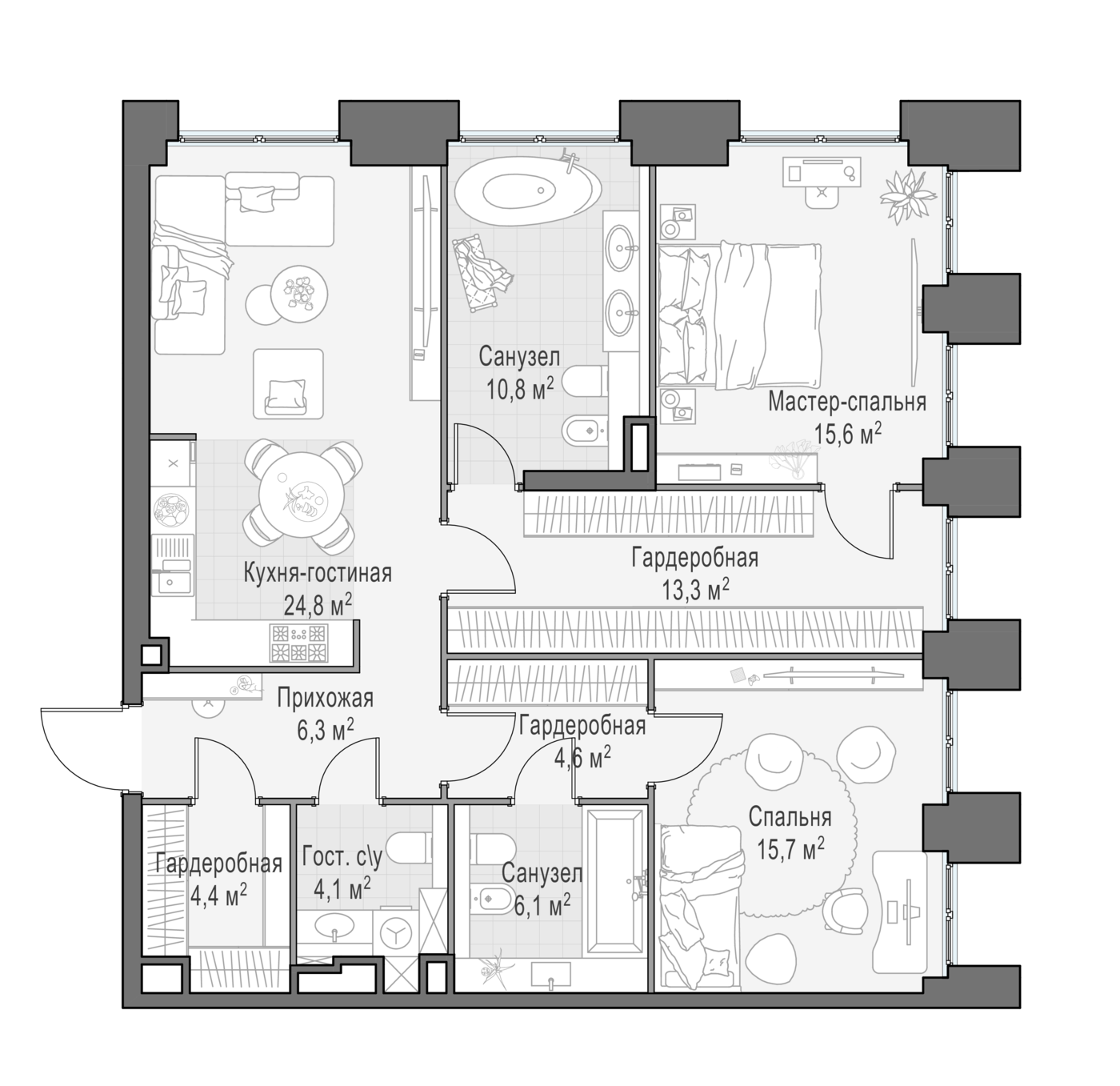 2 комн. квартира, 104.5 м², 4 этаж 