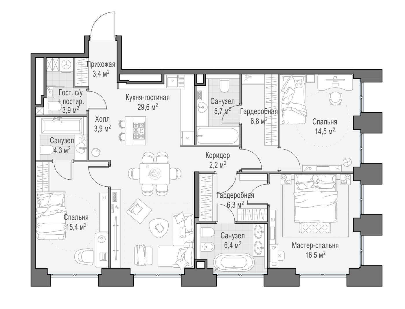 3 комн. квартира, 117.4 м², 16 этаж 
