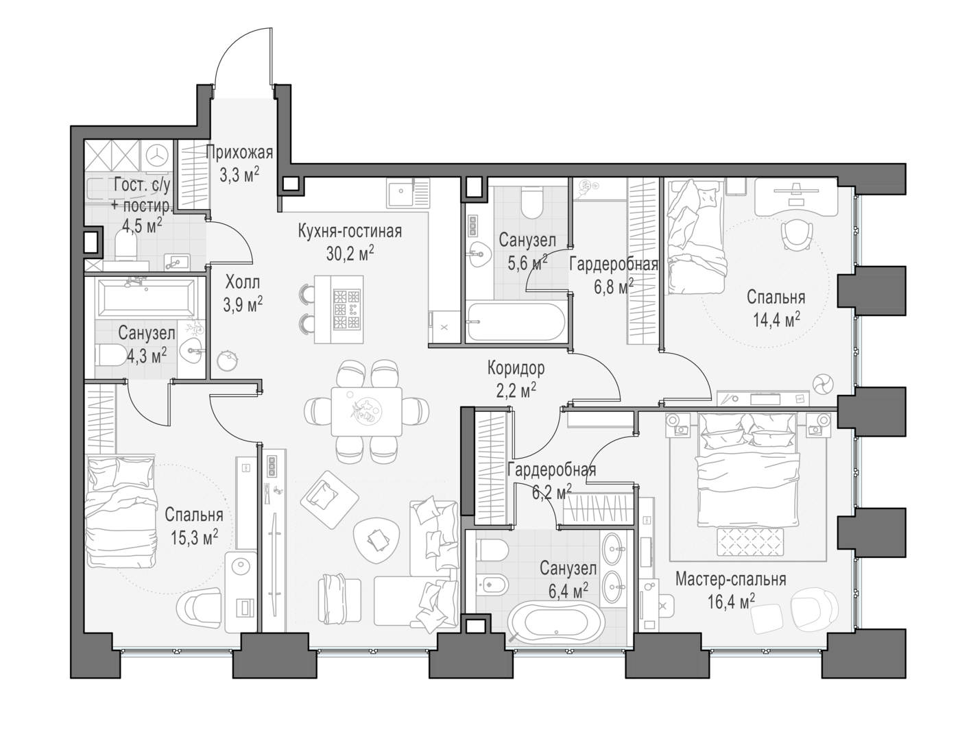 3 комн. квартира, 117.5 м², 2 этаж 
